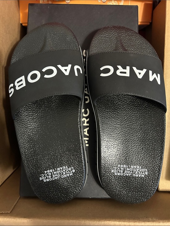 Marc Jacobs Black Logo Slide Sandals with White Lettering